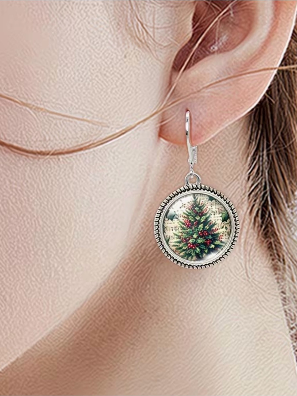 Silver Tone Christmas Tree Round Leverback Dangle Earrings 2cm 3.8cm